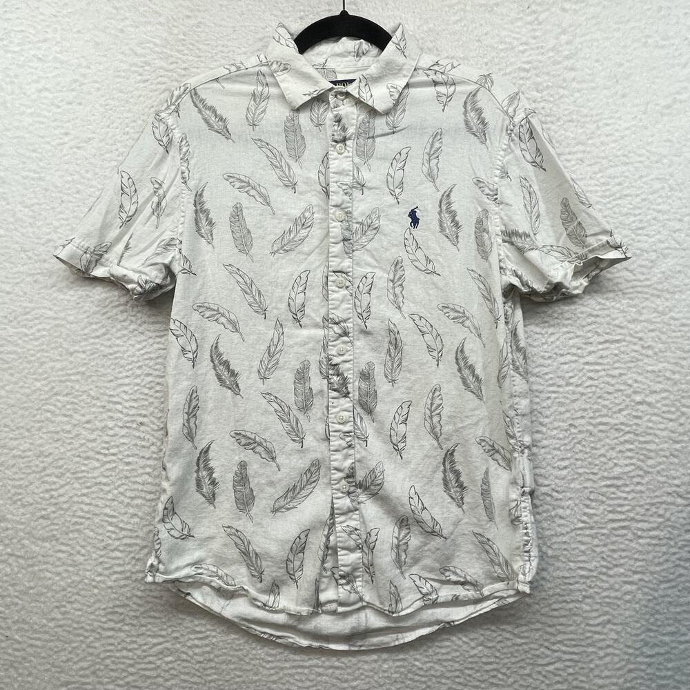Polo Ralph Lauren Shirt Mens Medium White Gray Linen Feather Print Button Up